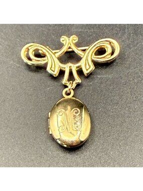 Vintage Gold Tone Locket Brooch Monogram M Dangle Pin Ornate Scroll Photo Locket